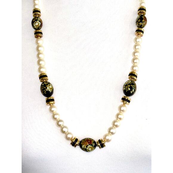 Vintage Japanese Faux Pearl Enamel Floral Beaded Statement Necklace - Picture 7 of 9